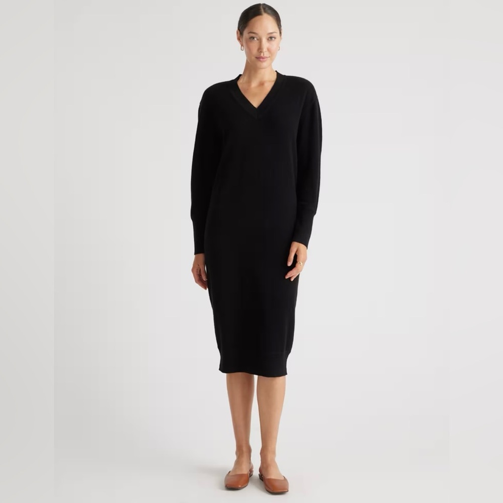 QUINCE Mongolian Cashmere V-Neck Midi Sweater Dress NWT Size XS Black